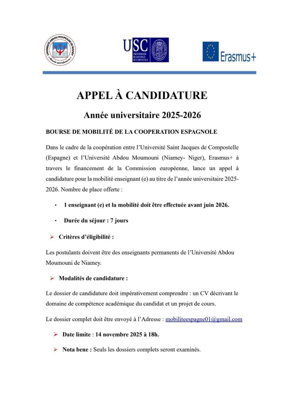 APPEL À CANDIDATURE POUR UNE BOURSE DE MOBILITÉ ENSEIGNANTE UAM – ESPAGNE (ERASMUS+)